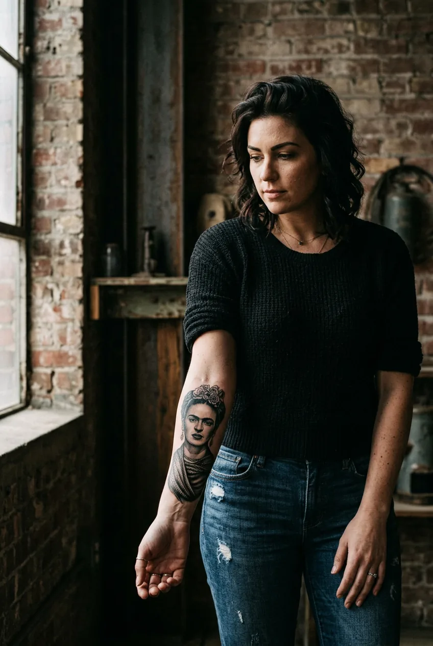 Woman showing a detailed black and grey Frida Kahlo portrait tattoo on her outer forearm in dramatic loft window light