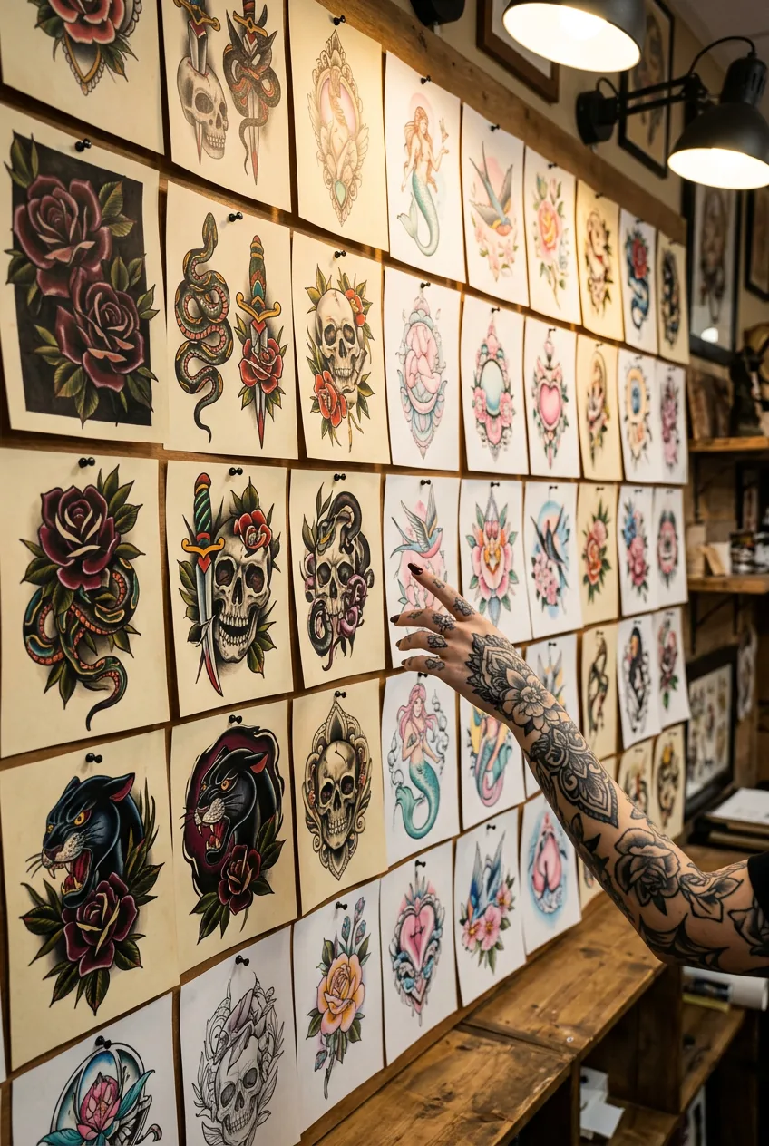 Wide view of organised neo-traditional flash art wall with tattooed woman's hand gesturing across dark and pastel palette designs