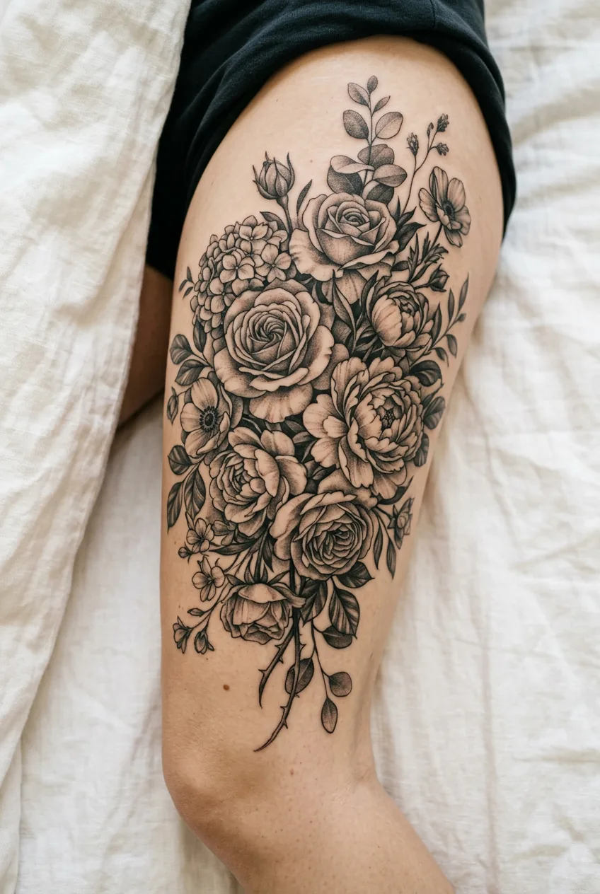 Overhead close-up of a woman's thigh on white linen showing a full lush black and grey realism floral bouquet tattoo with layered roses and peonies