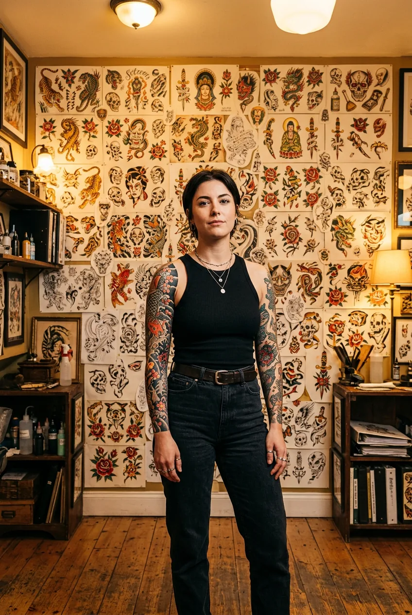 Wide shot of a tattooed woman with a full sleeve standing before a wall of flash art