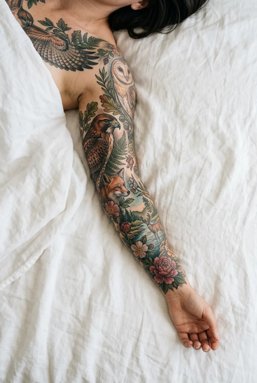 Overhead close-up of a woman's full arm resting flat showing a cohesive full sleeve realism tattoo scene with botanical and wildlife elements
