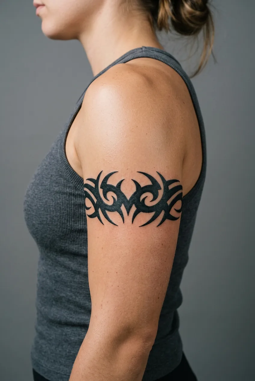 Woman's upper arm displaying a symmetrical tribal armband flash tattoo in flat studio lighting on grey background