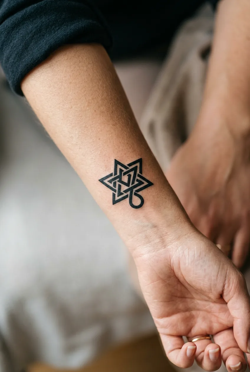 Back of woman's forearm with small solid blackwork geometric abstract flash tattoo showing interlocking forms