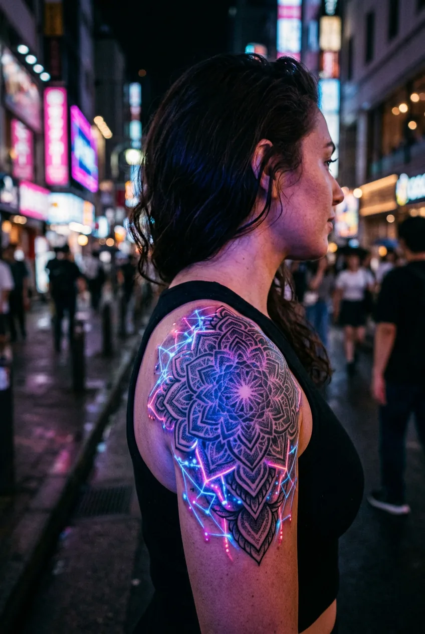 Woman's shoulder showing layered blackwork and UV geometric tattoo with faint glow under neon street light