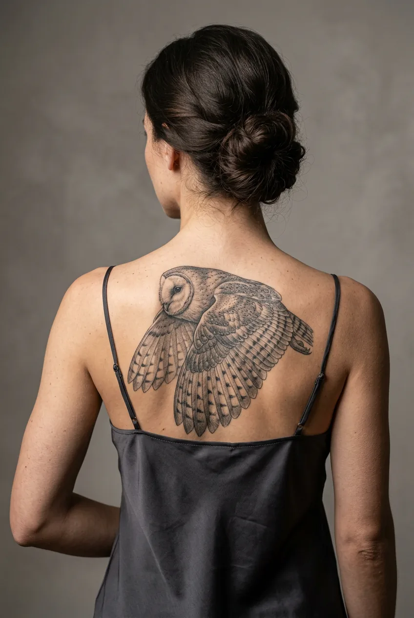 Woman with detailed grey-wash barn owl tattoo spanning upper back, anatomical feather detail sharp under side lighting