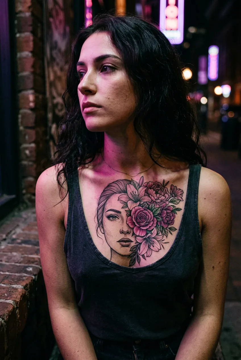 Half-face bloom tattoo on woman's chest where face transforms into enormous florals under neon pink light