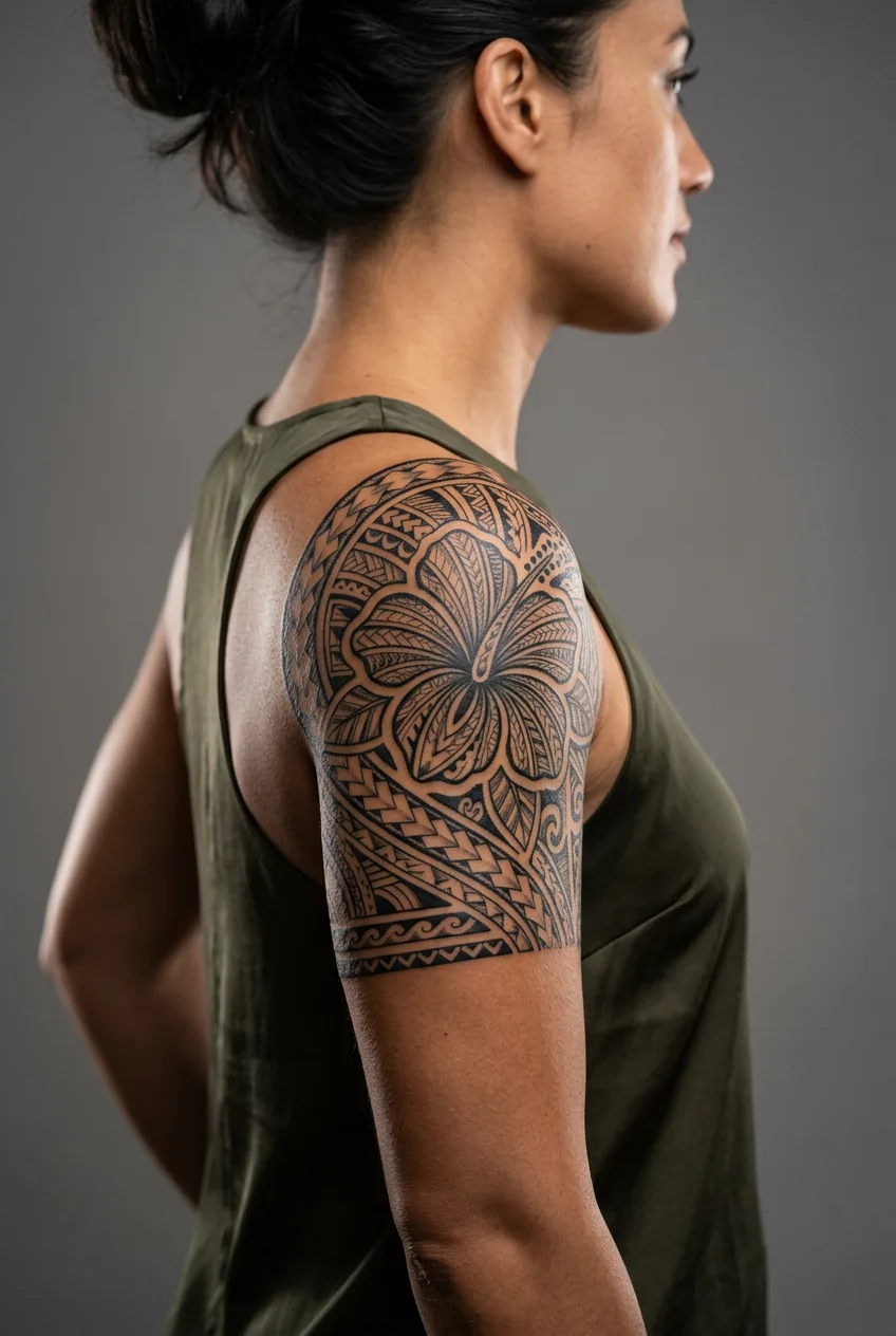 Woman's shoulder showing a culturally reimagined Hawaiian hibiscus tattoo in authentic Polynesian tribal line geometry