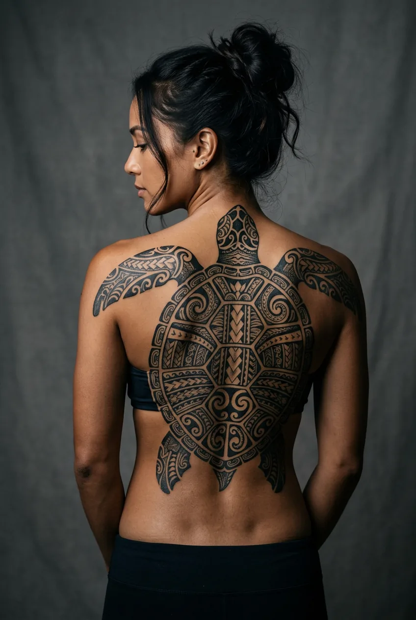 Woman's full back showing a large Hawaiian honu sea turtle panel tattoo built from tribal geometric patterning