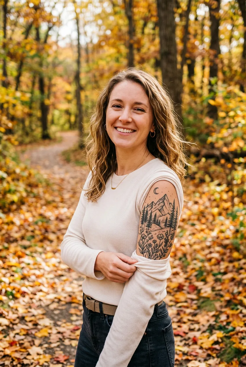 Woman with healed upper arm tattoo wearing rolled-up long sleeve shirt surrounded by autumn golden leaves