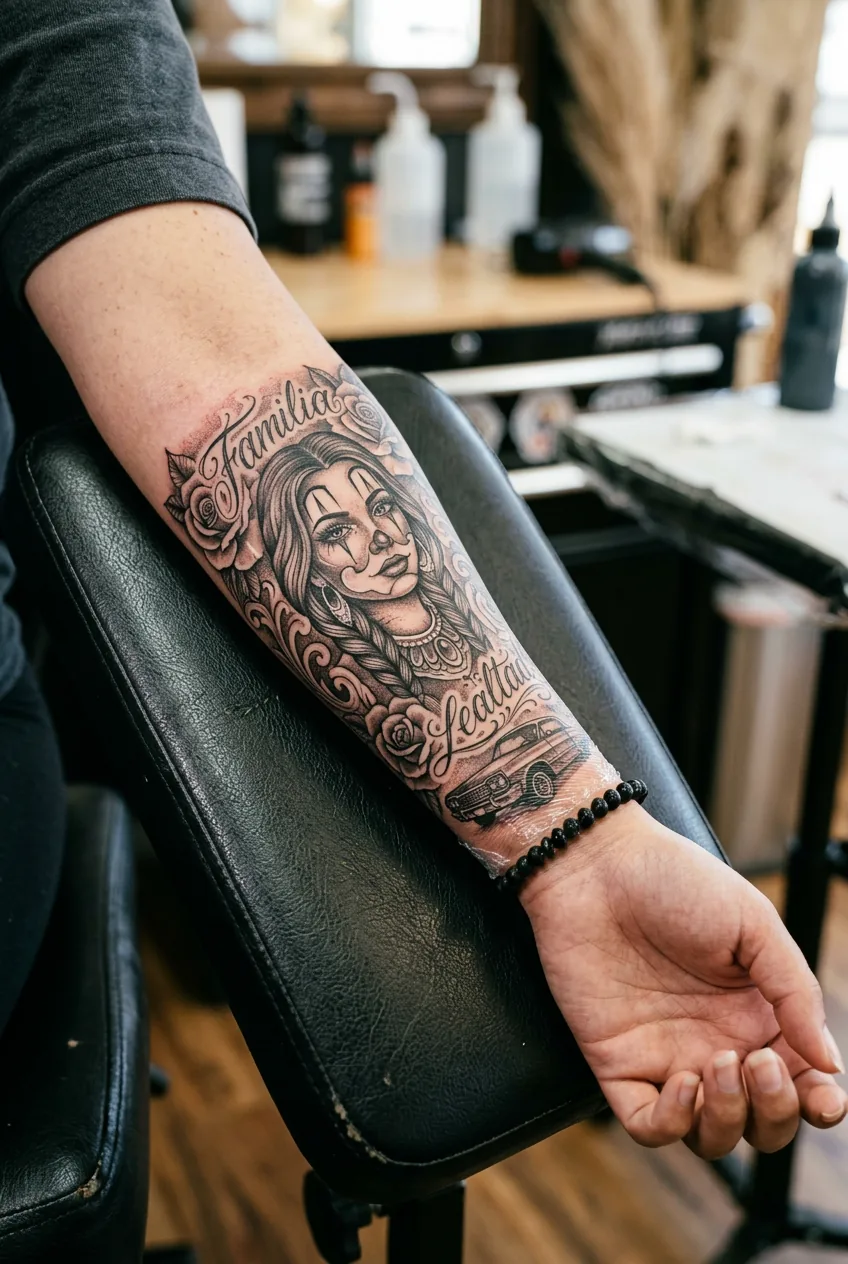 Close-up of freshly tattooed forearm showing chicano black and grey shading with luminous white highlights under studio lighting