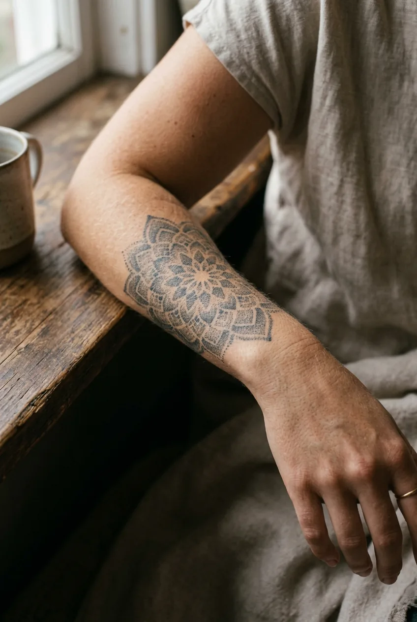 Healed dotwork mandala tattoo on a woman's inner forearm photographed in soft natural daylight showing authentic skin texture