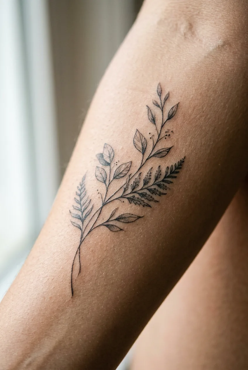 Extreme close-up of a healed fine-line botanical tattoo on a woman's inner arm in diffused natural light