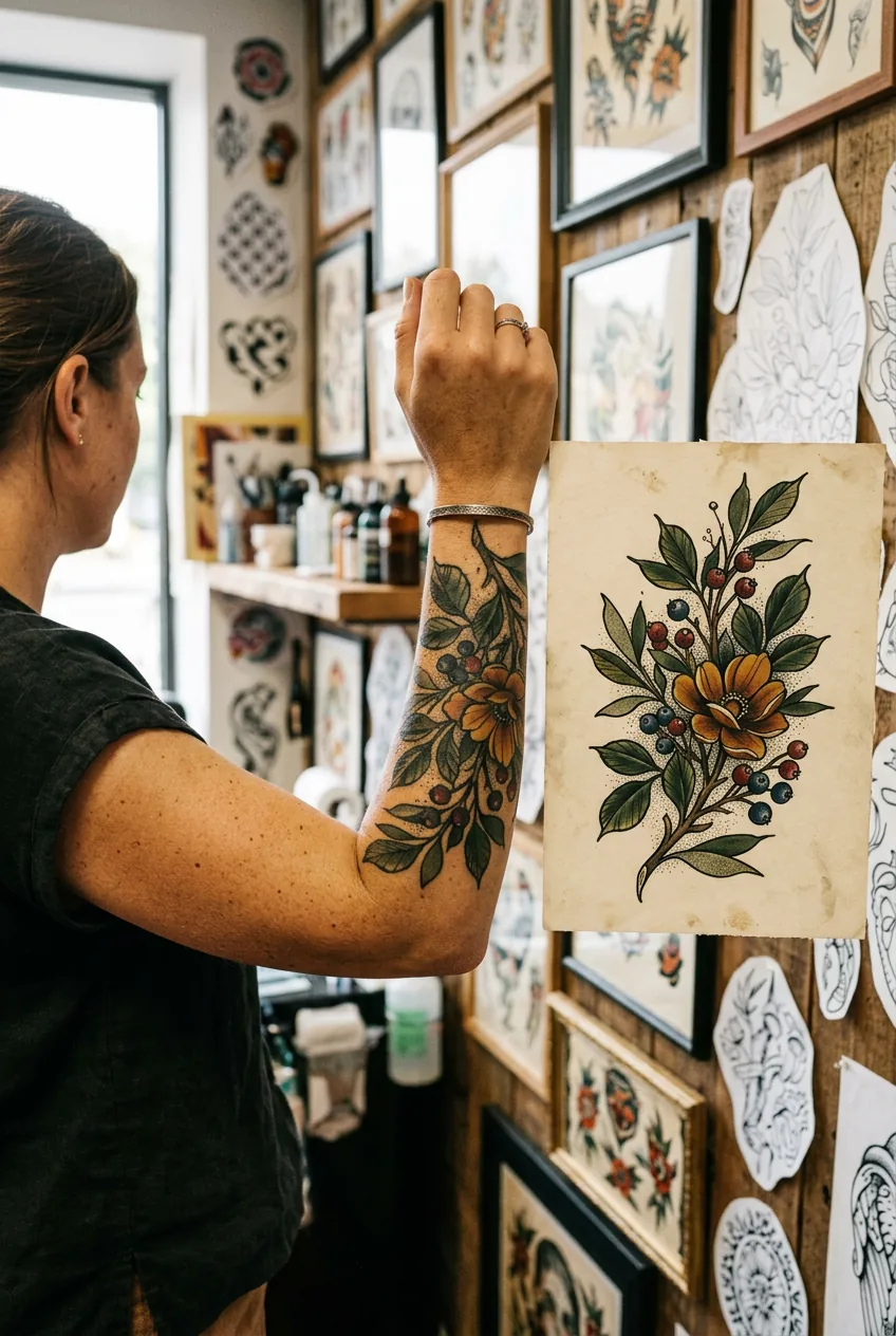 Healed three-year-old neo-traditional botanical tattoo in forest green and ochre on a woman's forearm held near a flash art reference sheet