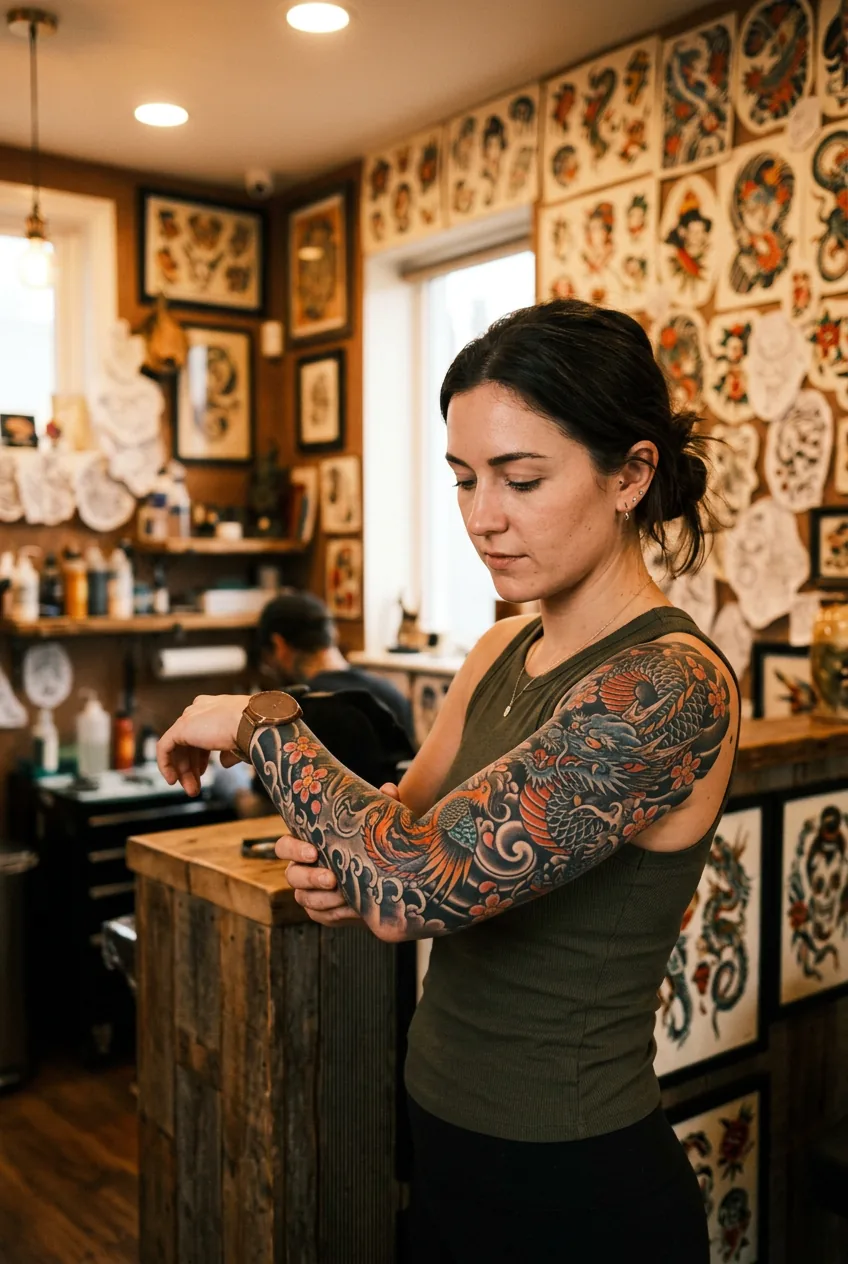 Woman examining her healed Japanese-style tattoo sleeve in a studio mirror