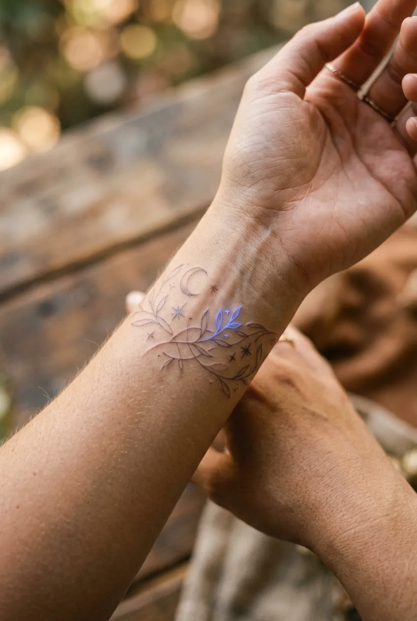 Healed UV wrist tattoo showing fine-line detail and soft glow accent in natural side lighting