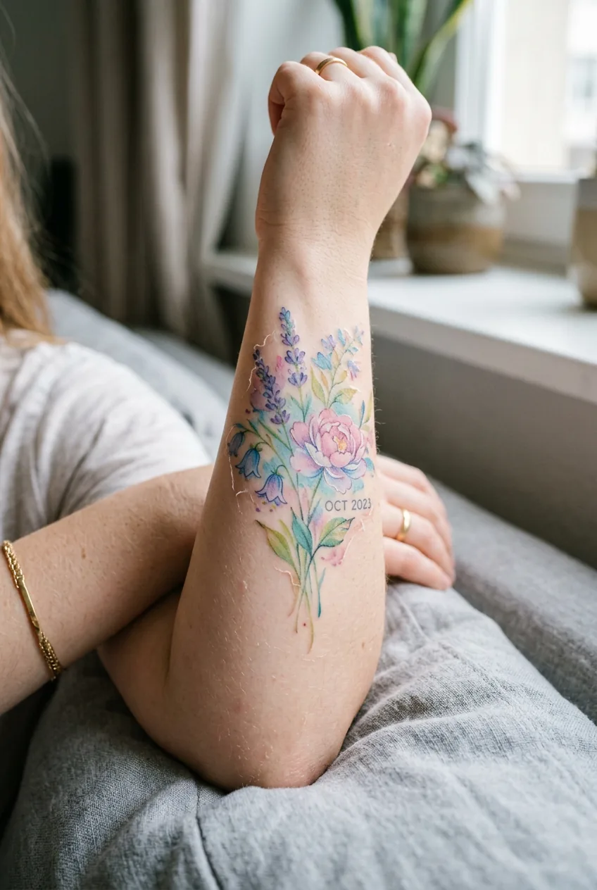 Close-up of a healing watercolor tattoo on a forearm showing mild peeling at one week post-session