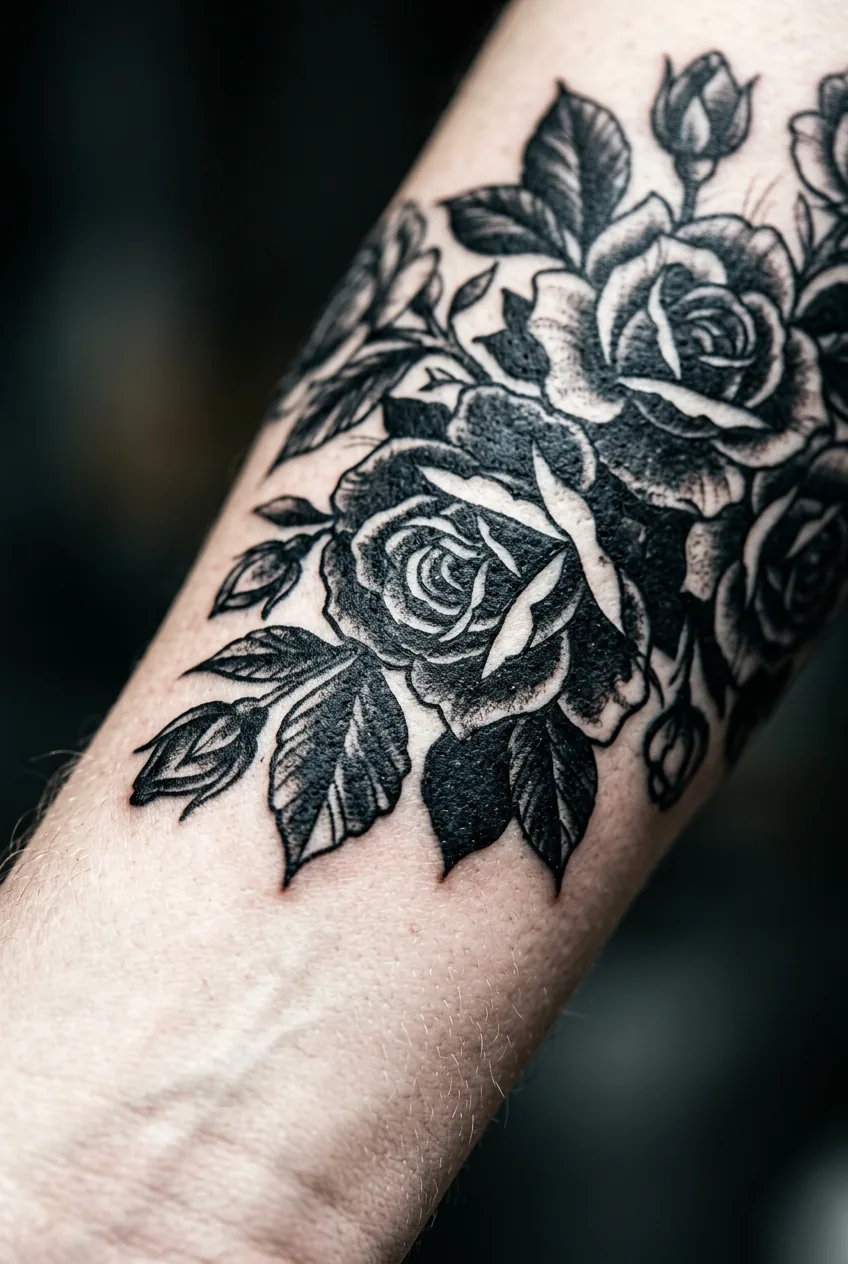 Close-up macro of high-contrast black and white highlight floral tattoo lifting off a woman's forearm skin