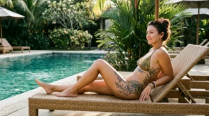 Tattooed woman in bikini relaxing on pool lounger with thigh and rib tattoos visible in afternoon sunlight