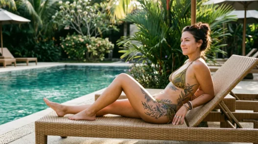 Tattooed woman in bikini relaxing on pool lounger with thigh and rib tattoos visible in afternoon sunlight