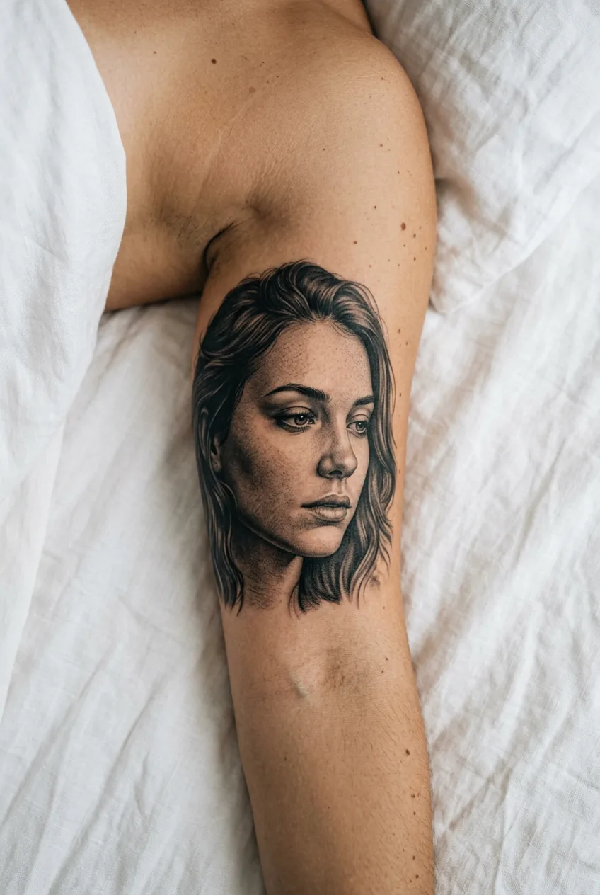 Overhead close-up of a woman's upper arm showing a photorealistic black and grey human portrait tattoo with precise facial proportions and skin texture
