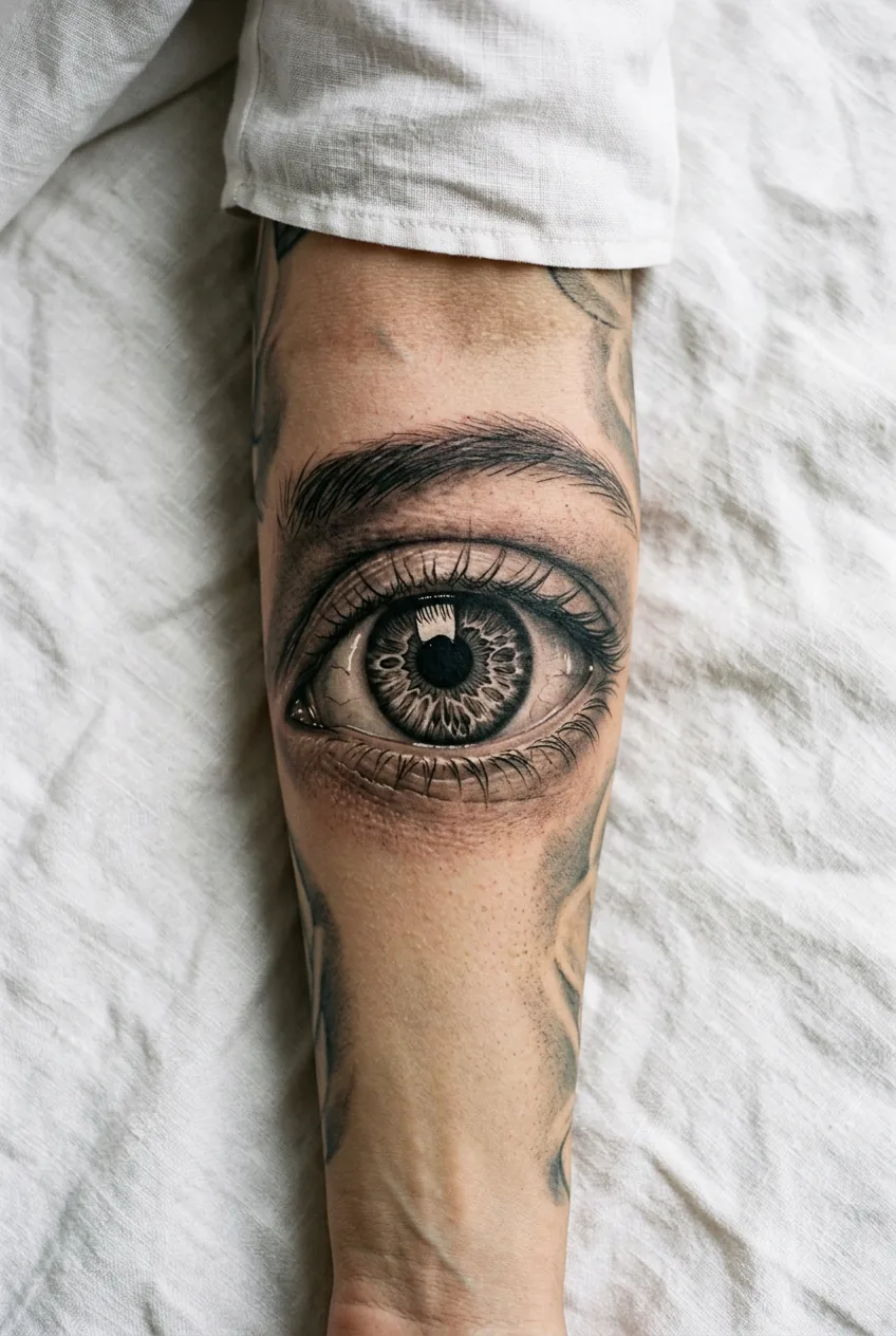 Overhead close-up of a woman's inner forearm showing a hyper-realistic single eye tattoo in black and grey with detailed iris filaments and catchlight