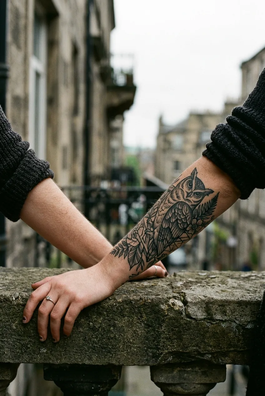 Detail shot of a woman's forearm and hand on a balcony ledge showing a medium-sized illustrative black and grey tattoo in diffused light