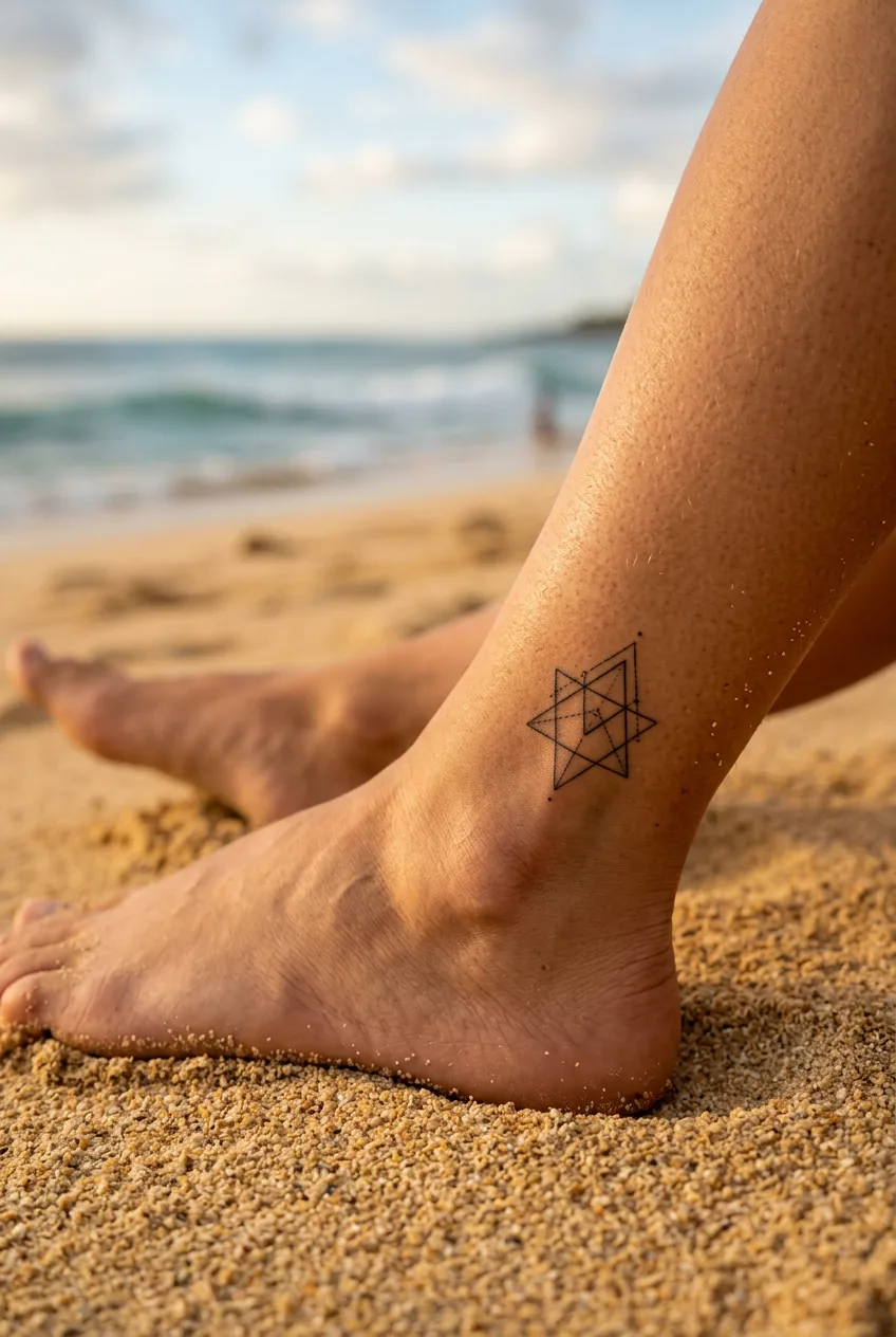 Close-up of a woman's inner ankle bone on golden sand with a small geometric tattoo over the medial malleolus in afternoon coastal light
