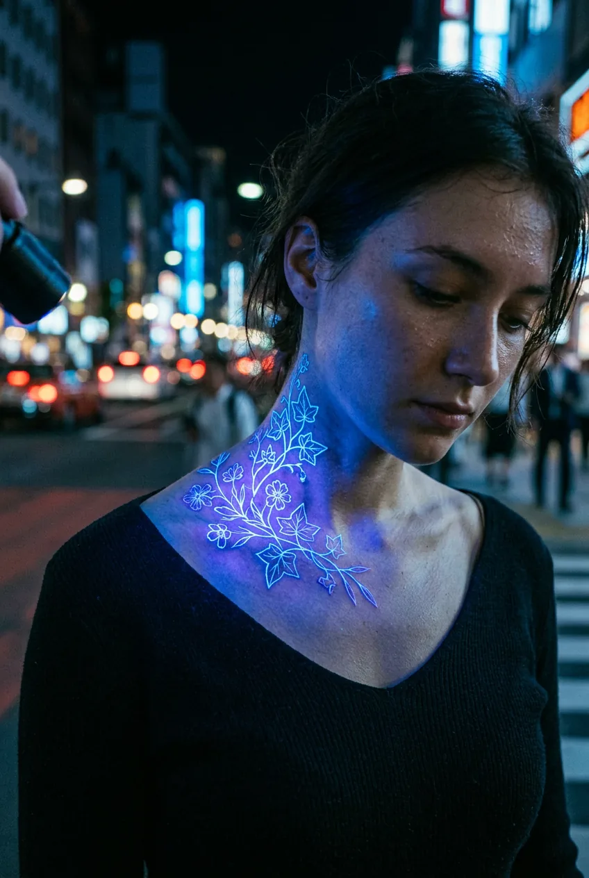 Woman's collarbone and neck with invisible UV botanical tattoo illuminated by UV lamp in dark urban setting