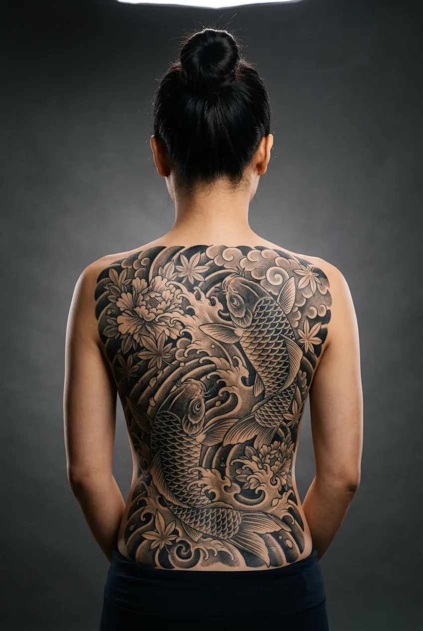 Woman with large Japanese-influenced koi and wave full upper backpiece tattoo in rich black and grey