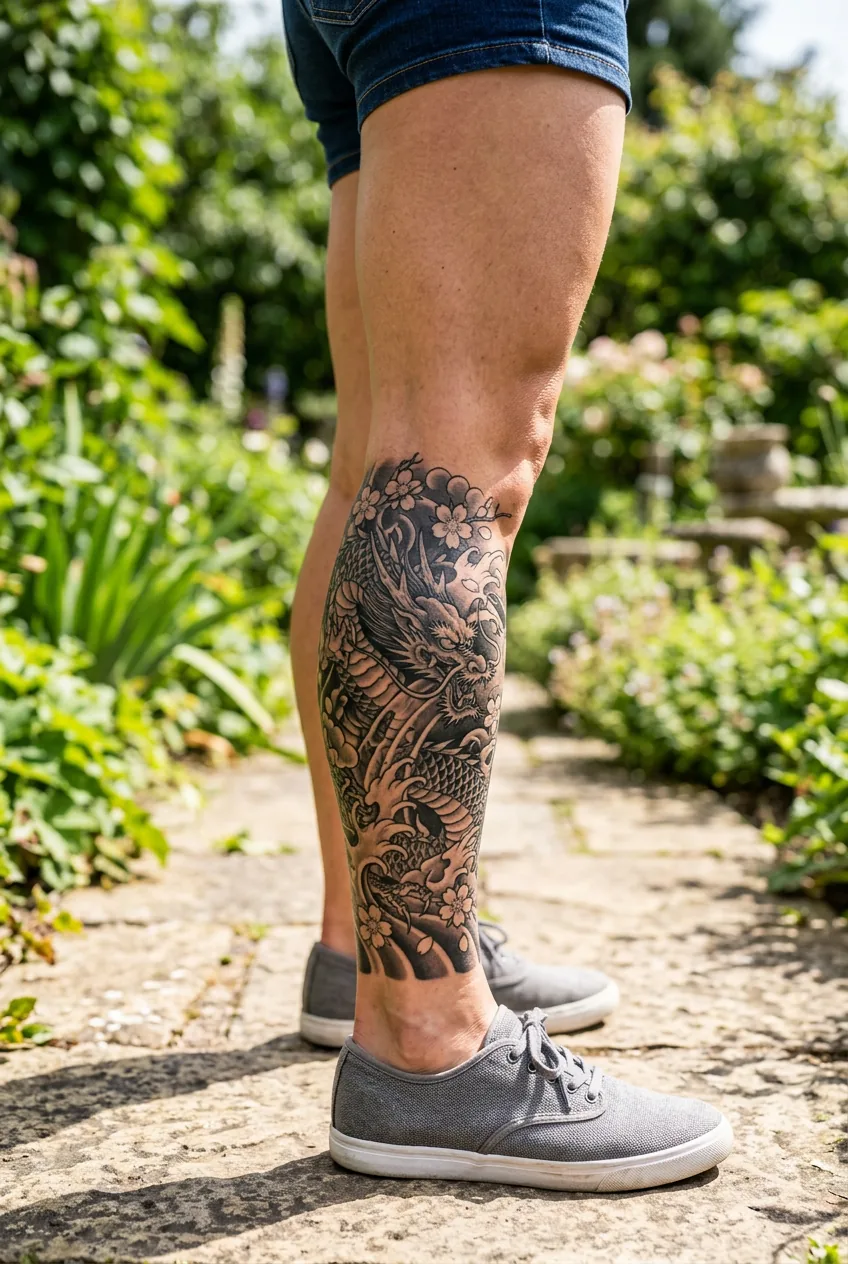 Side profile close-up of large-scale Japanese-style black and grey calf tattoo with muscle depth