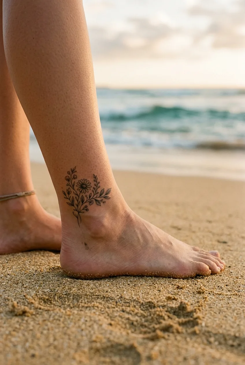Woman's outer ankle bone with a small intricate floral tattoo on the lateral malleolus resting on warm golden beach sand