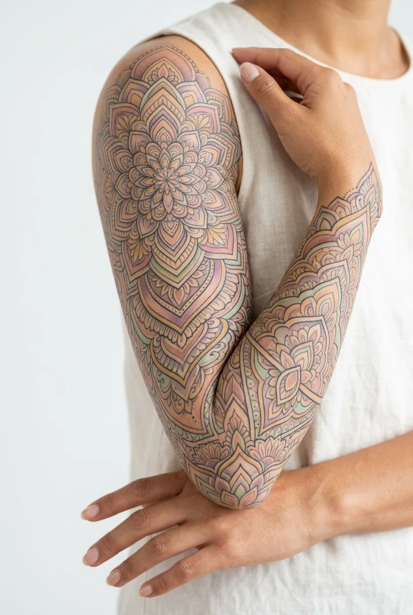 Woman's inner wrist with delicate single-needle lavender sprig tattoo in pale violet and sage green tones