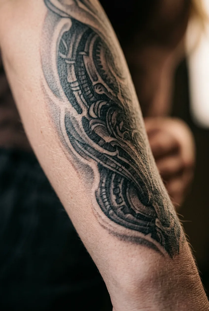 Extreme close-up macro of layered grey wash tattoo showing multiple transparent tonal depth layers on a woman's forearm