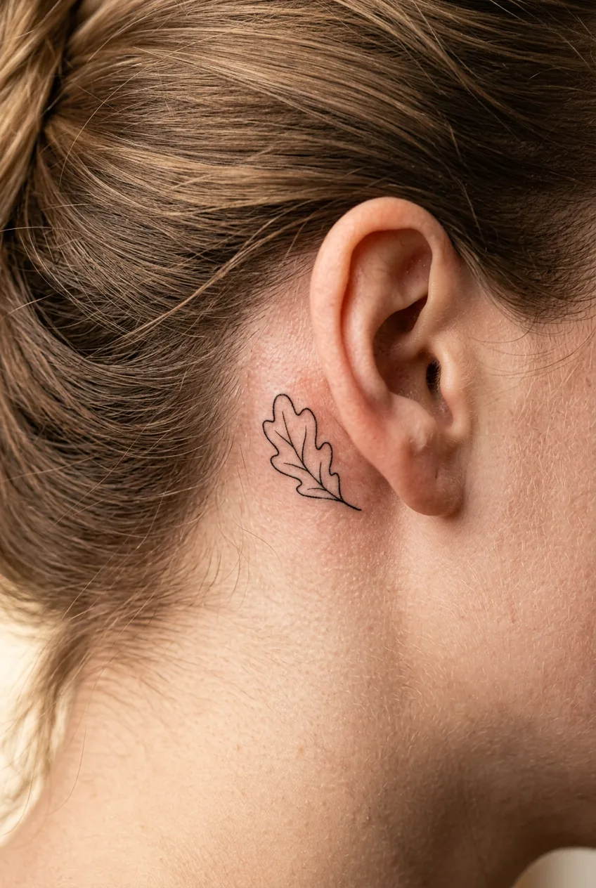 Macro view of a delicate single leaf outline tattoo with vein detail tucked behind a woman's ear
