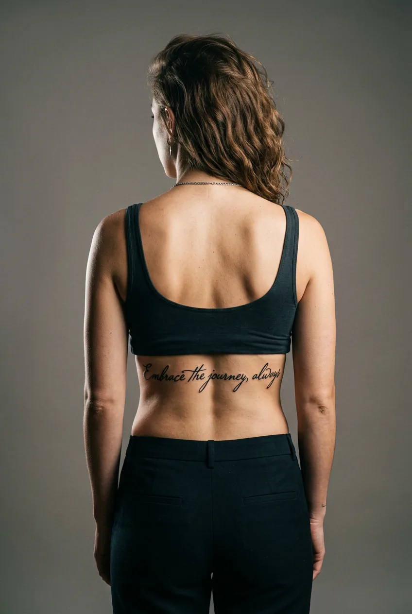 Longer torso woman's lower back featuring horizontal script tattoo anchored at the lumbar region with rim lighting