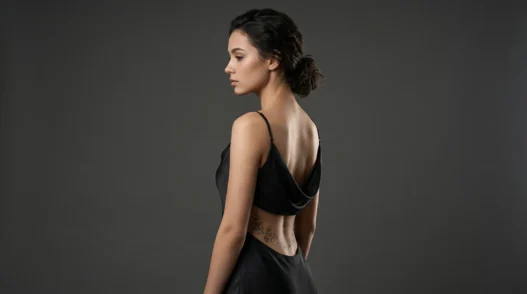 Woman standing in profile showing an elegant lower back tattoo in neutral studio lighting with grey background