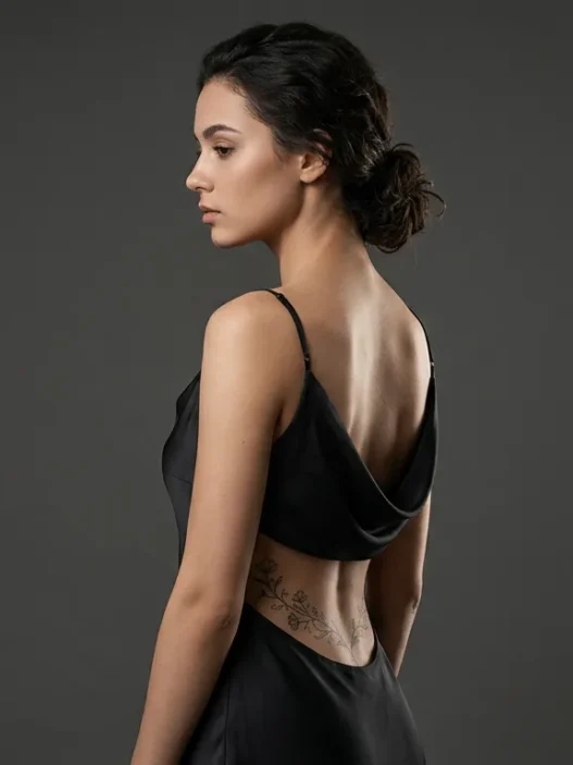 Woman standing in profile showing an elegant lower back tattoo in neutral studio lighting with grey background