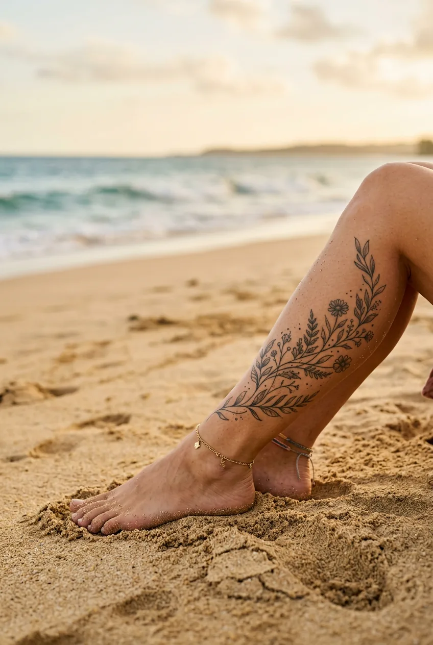 Woman's lower calf and ankle resting on golden sand at the beach with a botanical tattoo extending upward from the ankle