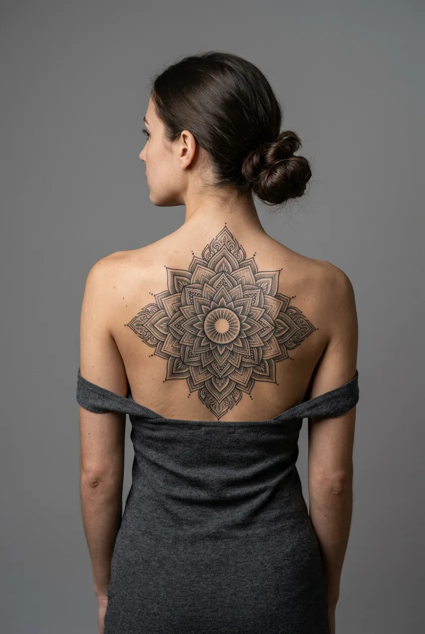 Woman with large symmetrical mandala dotwork tattoo spanning upper back between shoulder blades in even studio lighting