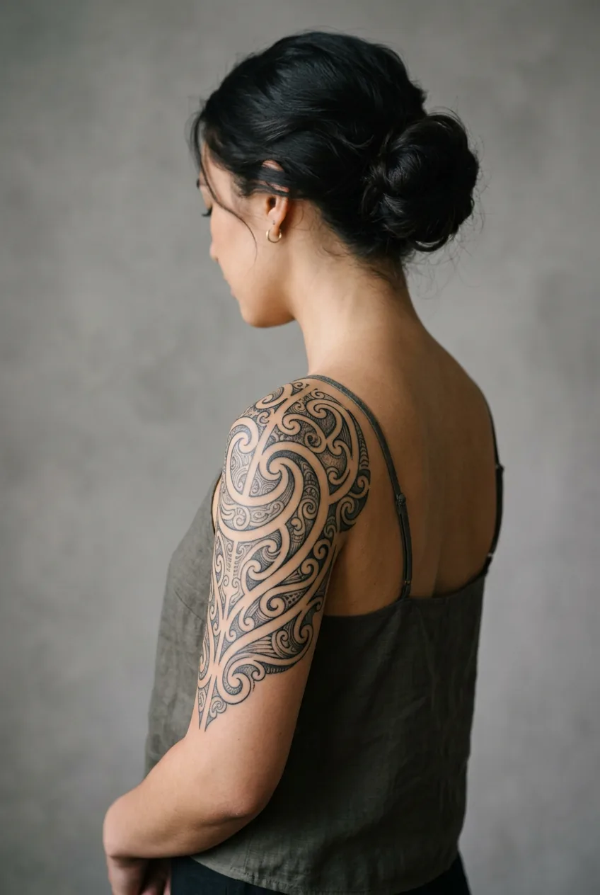 Woman showing a large Māori koru-inspired tattoo filling the shoulder cap and deltoid in a studio profile shot