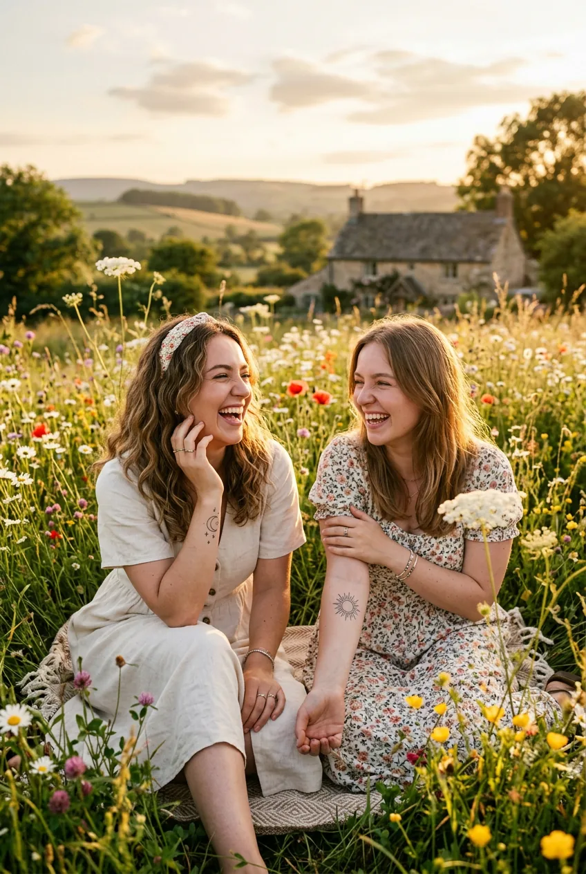Two women laughing in a wildflower field showing matching moon and sun tattoos on their inner wrists at golden hour