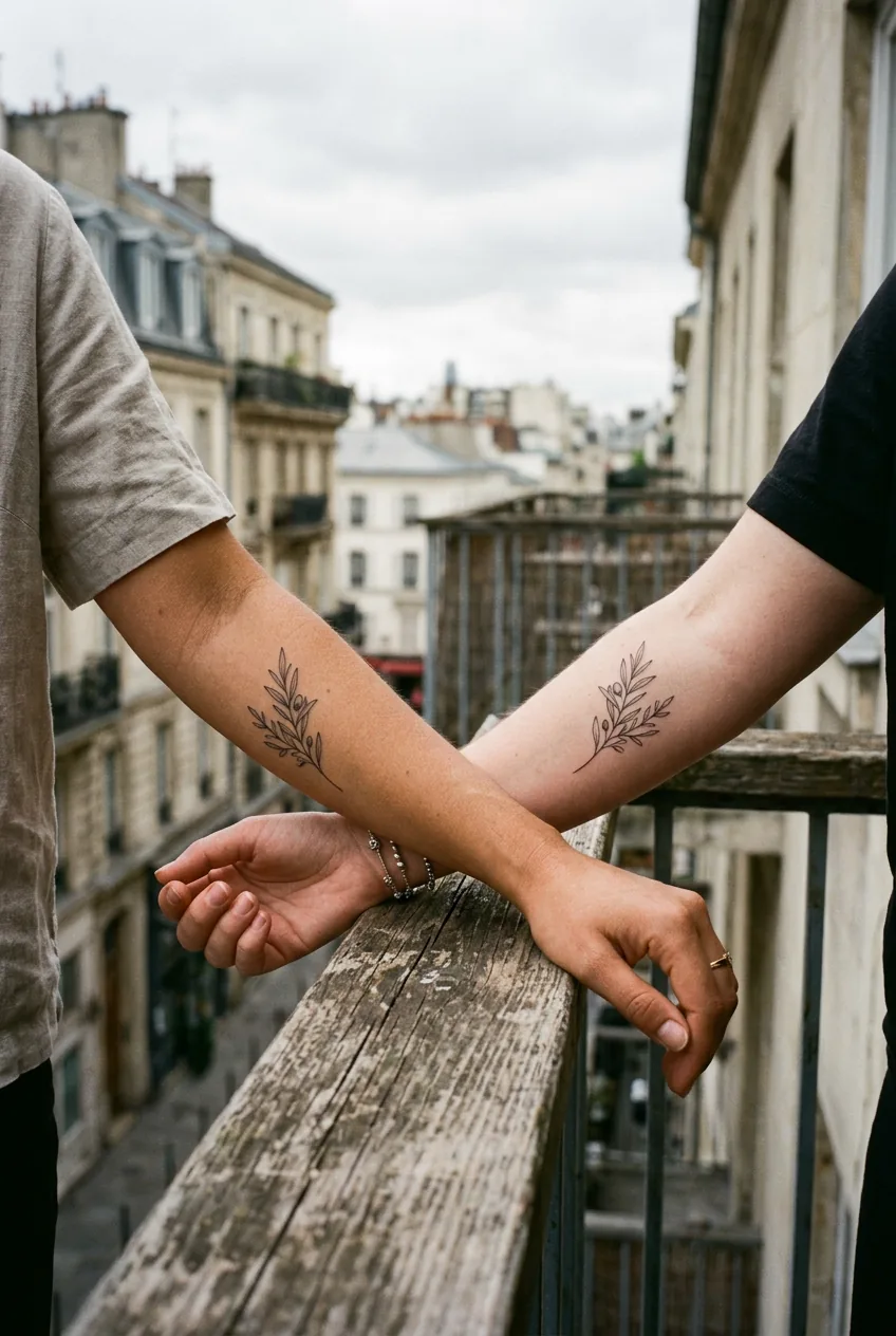 Two women's arms side by side on a balcony railing showing identical fine-line botanical matching tattoos