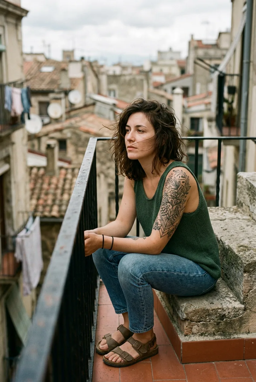 Tattooed woman sitting on a balcony step with a medium tattoo on her upper arm and shoulder, blurred rooftops behind her