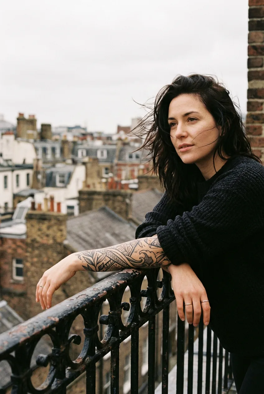 Woman leaning on a wrought iron balcony railing with a medium tattoo on her outer forearm, wind lifting her dark hair, overcast background