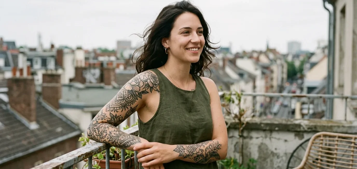 Tattooed woman on a balcony with medium tattoo on forearm, soft overcast daylight, urban rooftops blurred behind her