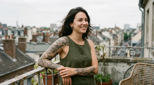 Tattooed woman on a balcony with medium tattoo on forearm, soft overcast daylight, urban rooftops blurred behind her