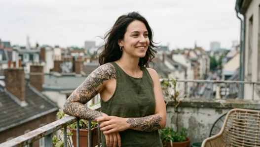Tattooed woman on a balcony with medium tattoo on forearm, soft overcast daylight, urban rooftops blurred behind her
