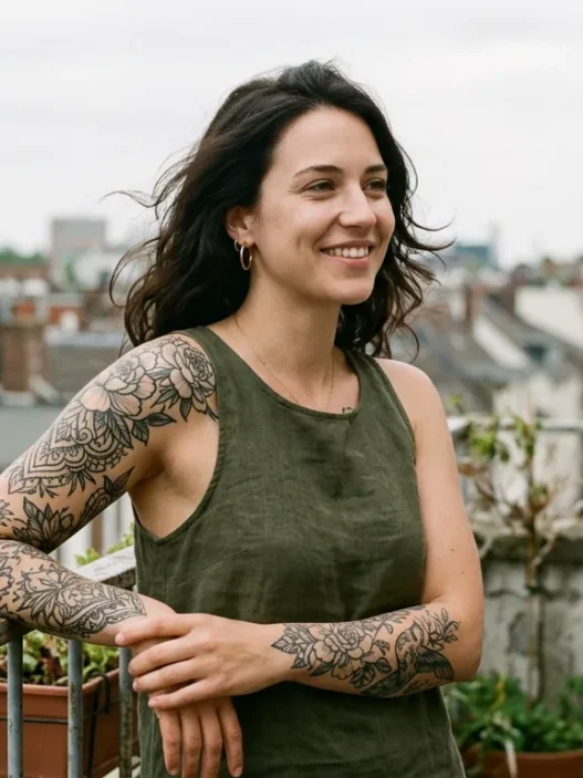 Tattooed woman on a balcony with medium tattoo on forearm, soft overcast daylight, urban rooftops blurred behind her