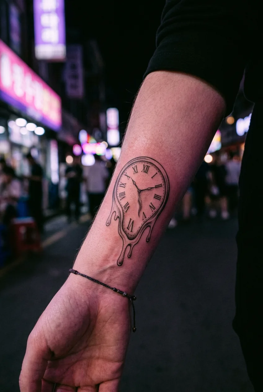 Fine line melting clock tattoo on woman's inner wrist with soft drip effect under purple neon light at night