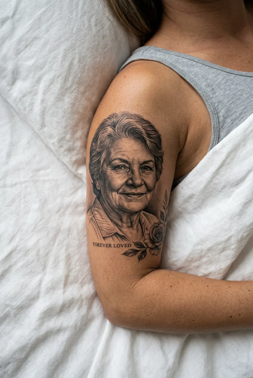 Overhead close-up of a woman's upper arm on white linen showing a photorealistic black and grey memorial portrait tattoo with soft emotional lighting